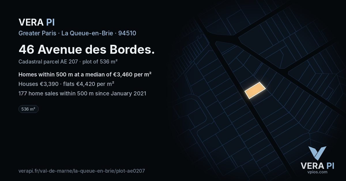 46 Avenue des Bordes, La Queue-en-Brie at night – the plot lit, the parcels around coloured by the prices near them