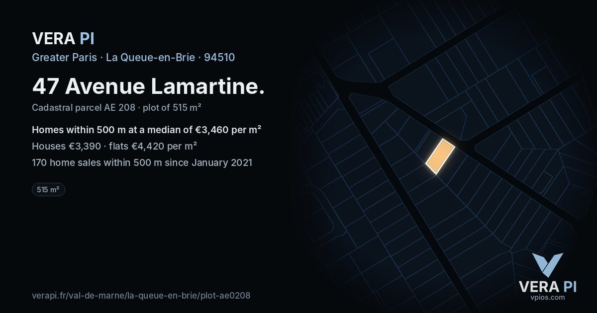 47 Avenue Lamartine, La Queue-en-Brie at night – the plot lit, the parcels around coloured by the prices near them