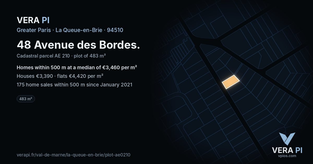 48 Avenue des Bordes, La Queue-en-Brie at night – the plot lit, the parcels around coloured by the prices near them