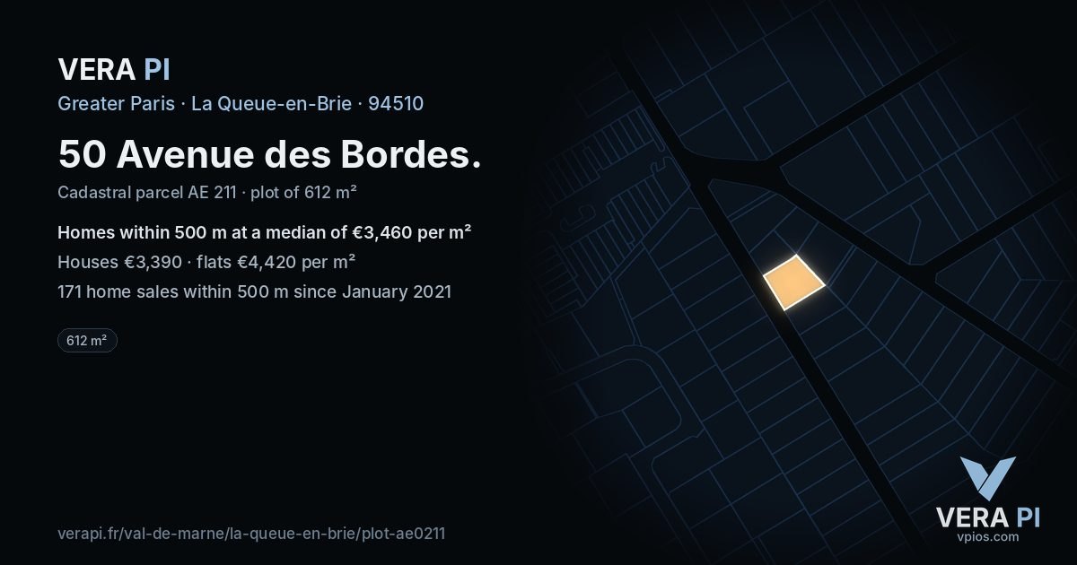 50 Avenue des Bordes, La Queue-en-Brie at night – the plot lit, the parcels around coloured by the prices near them