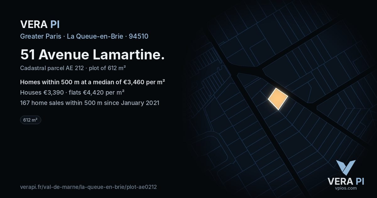 51 Avenue Lamartine, La Queue-en-Brie at night – the plot lit, the parcels around coloured by the prices near them