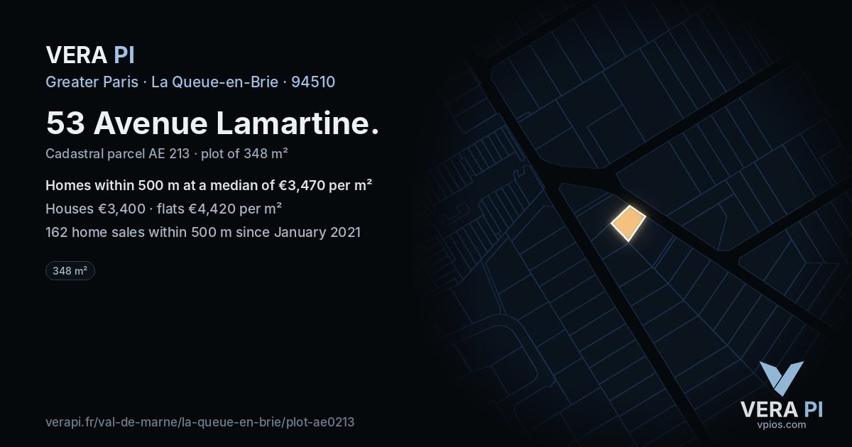 53 Avenue Lamartine, La Queue-en-Brie at night – the plot lit, the parcels around coloured by the prices near them