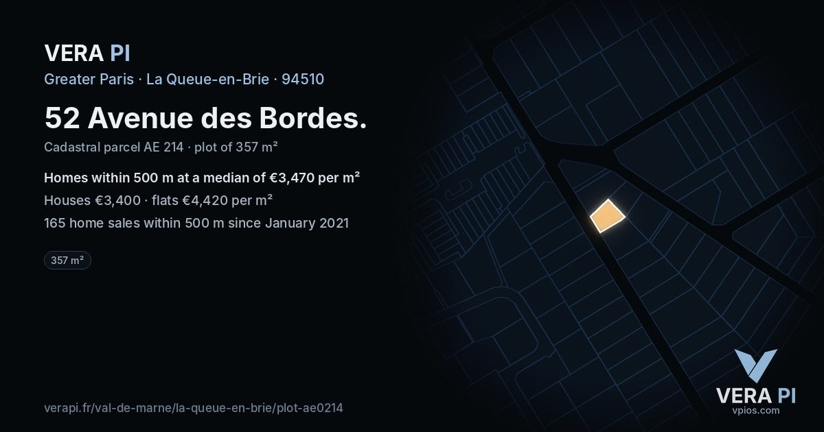 52 Avenue des Bordes, La Queue-en-Brie at night – the plot lit, the parcels around coloured by the prices near them