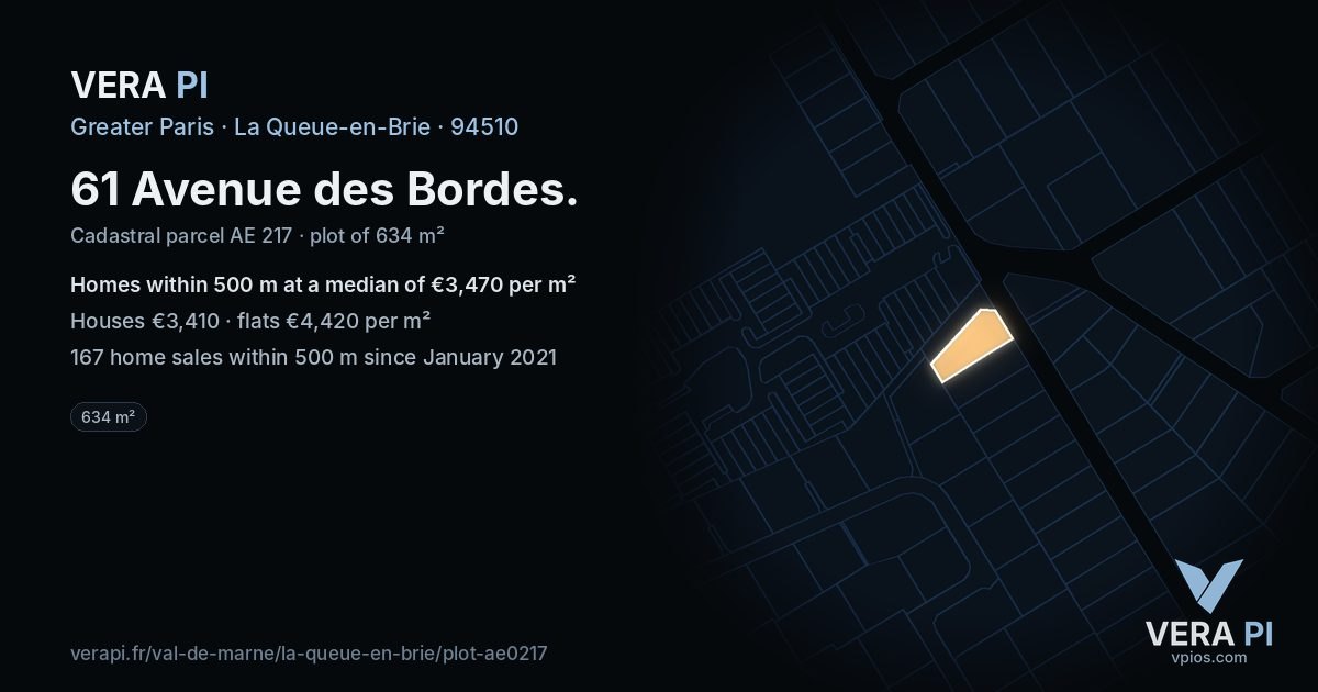 61 Avenue des Bordes, La Queue-en-Brie at night – the plot lit, the parcels around coloured by the prices near them