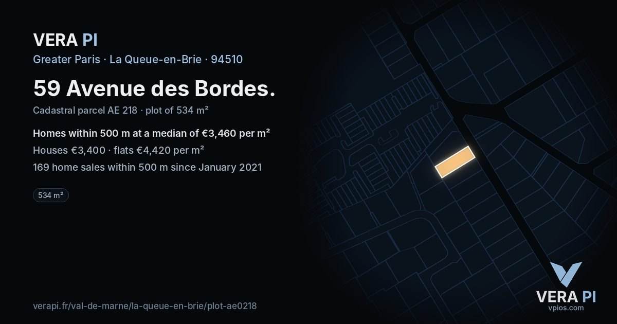 59 Avenue des Bordes, La Queue-en-Brie at night – the plot lit, the parcels around coloured by the prices near them