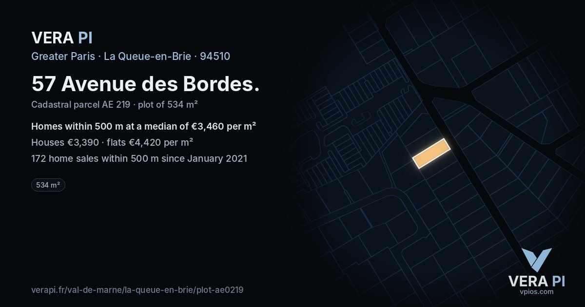57 Avenue des Bordes, La Queue-en-Brie at night – the plot lit, the parcels around coloured by the prices near them