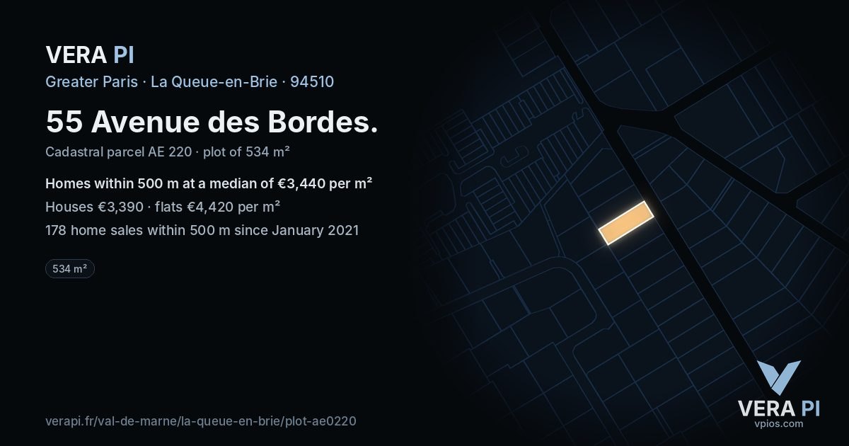 55 Avenue des Bordes, La Queue-en-Brie at night – the plot lit, the parcels around coloured by the prices near them