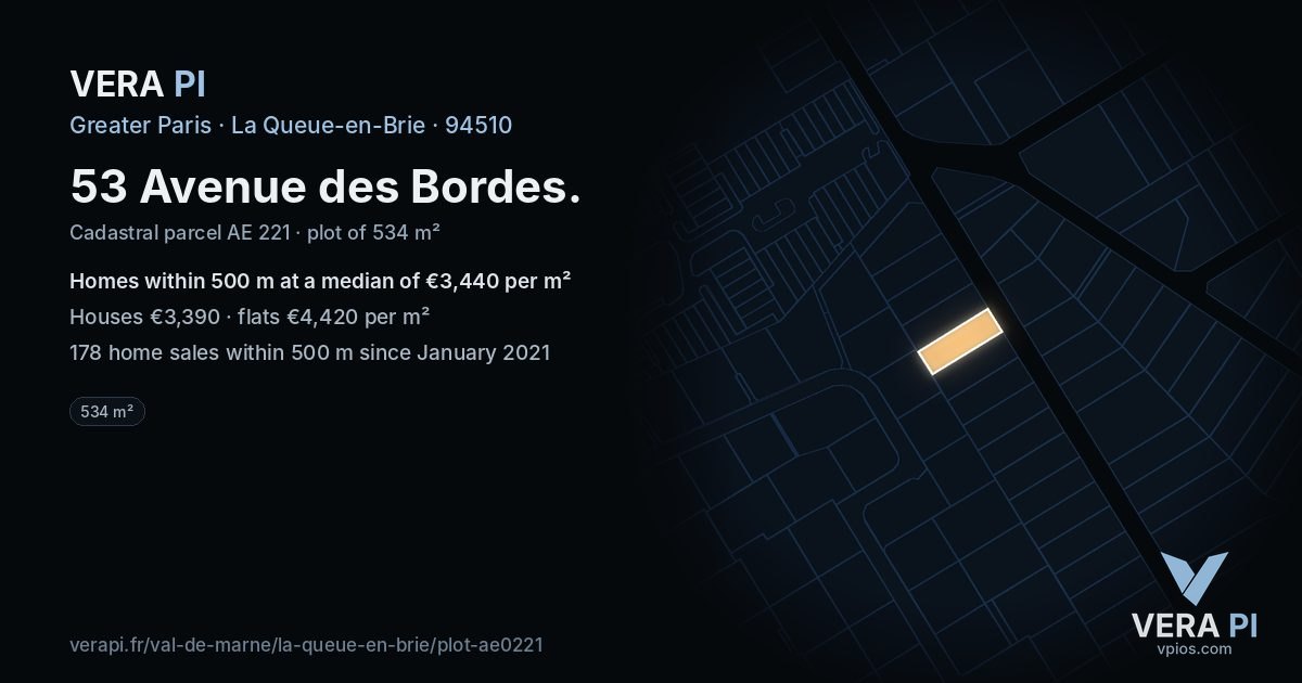 53 Avenue des Bordes, La Queue-en-Brie at night – the plot lit, the parcels around coloured by the prices near them