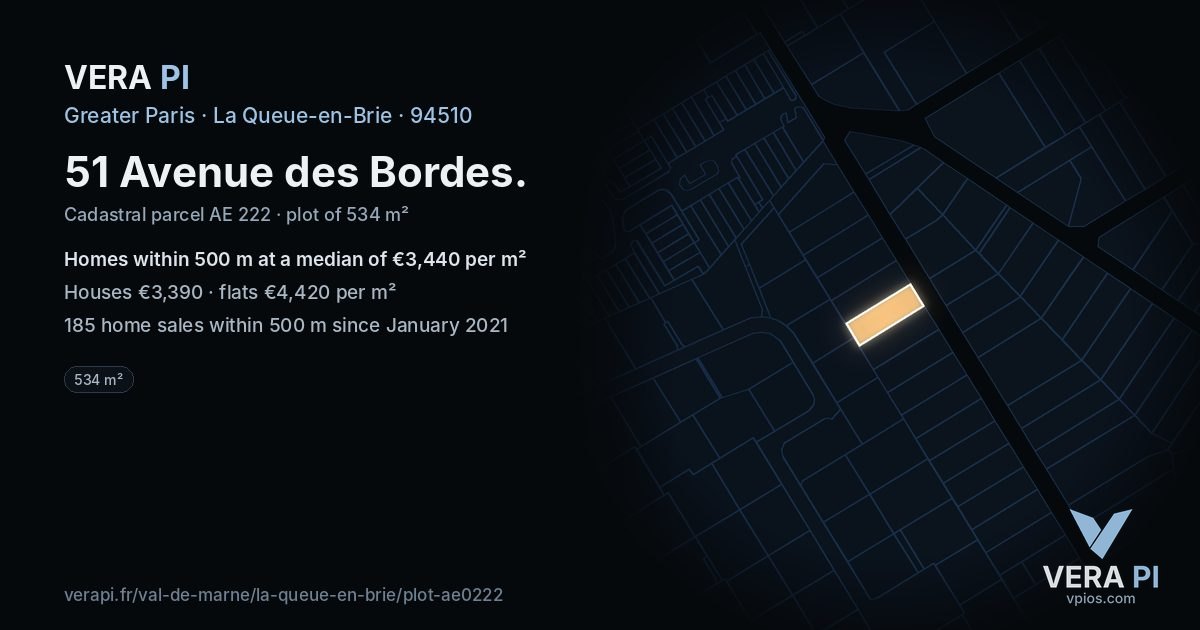 51 Avenue des Bordes, La Queue-en-Brie at night – the plot lit, the parcels around coloured by the prices near them