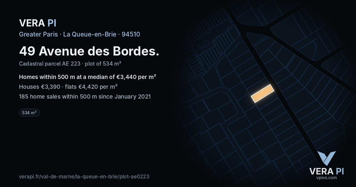 49 Avenue des Bordes, La Queue-en-Brie at night – the plot lit, the parcels around coloured by the prices near them