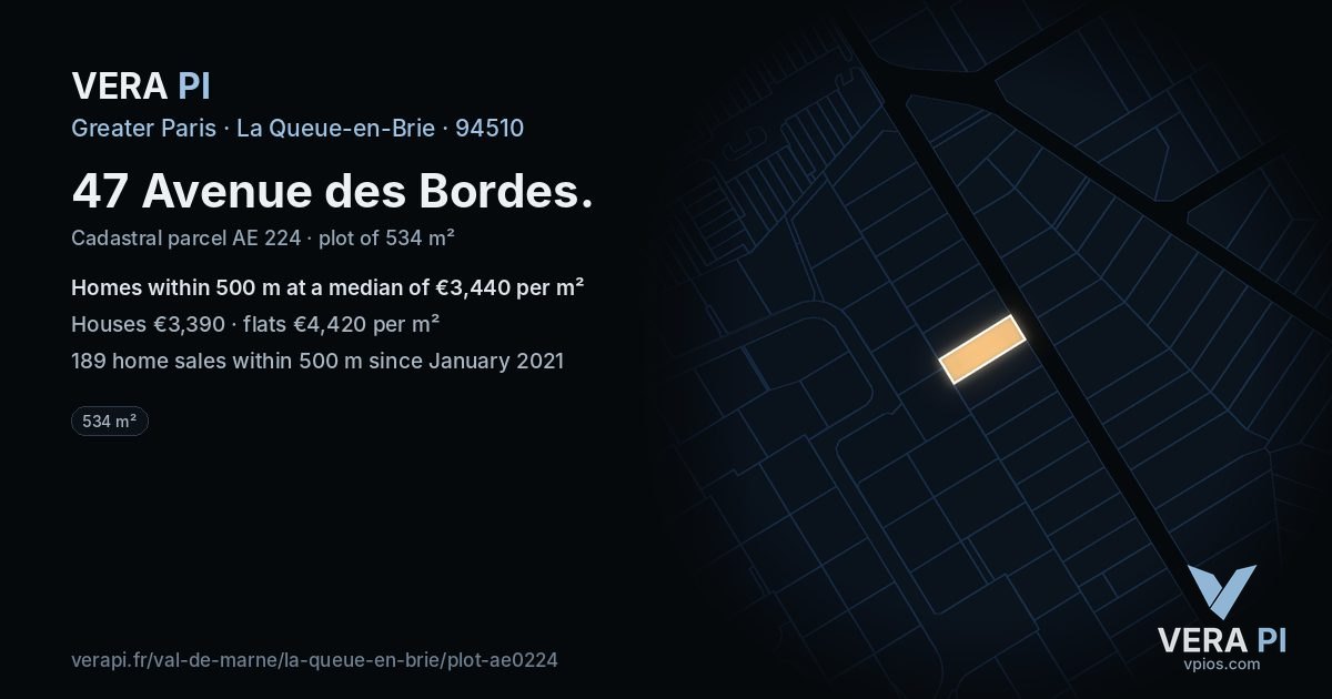 47 Avenue des Bordes, La Queue-en-Brie at night – the plot lit, the parcels around coloured by the prices near them