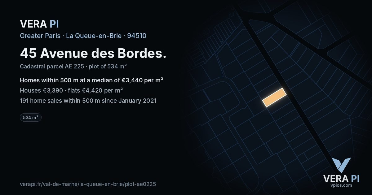 45 Avenue des Bordes, La Queue-en-Brie at night – the plot lit, the parcels around coloured by the prices near them