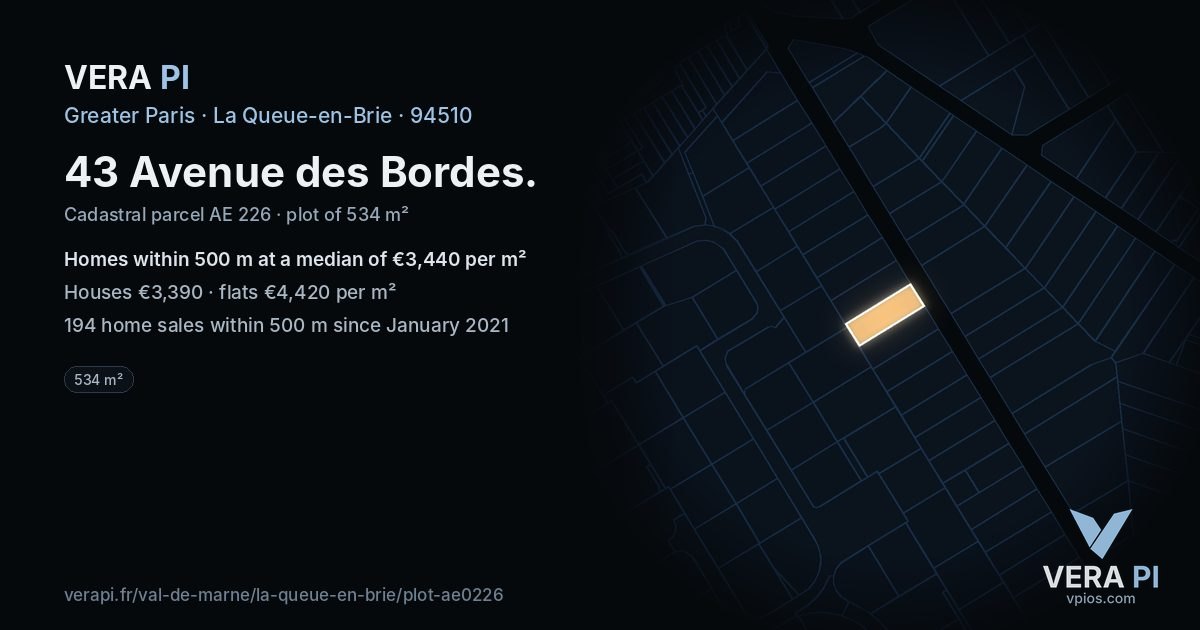 43 Avenue des Bordes, La Queue-en-Brie at night – the plot lit, the parcels around coloured by the prices near them