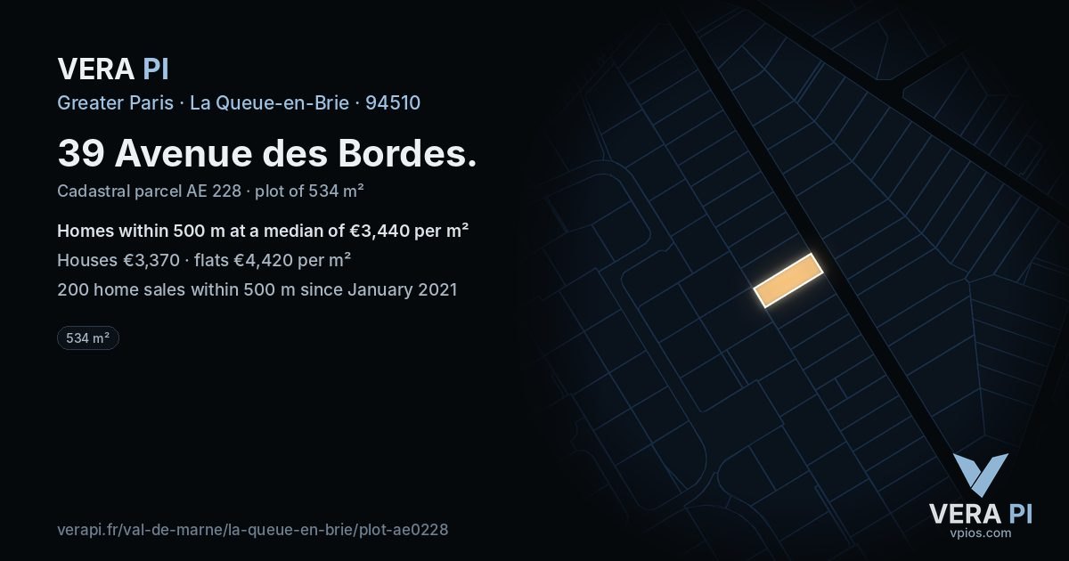 39 Avenue des Bordes, La Queue-en-Brie at night – the plot lit, the parcels around coloured by the prices near them