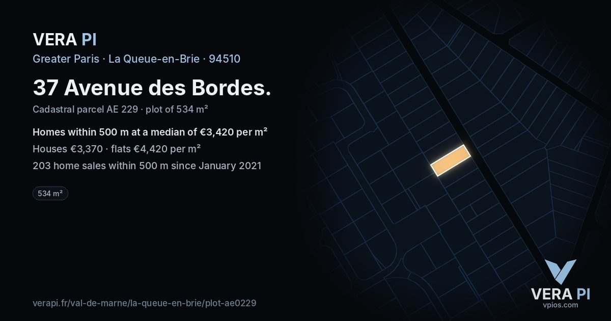 37 Avenue des Bordes, La Queue-en-Brie at night – the plot lit, the parcels around coloured by the prices near them
