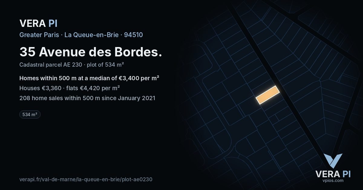 35 Avenue des Bordes, La Queue-en-Brie at night – the plot lit, the parcels around coloured by the prices near them