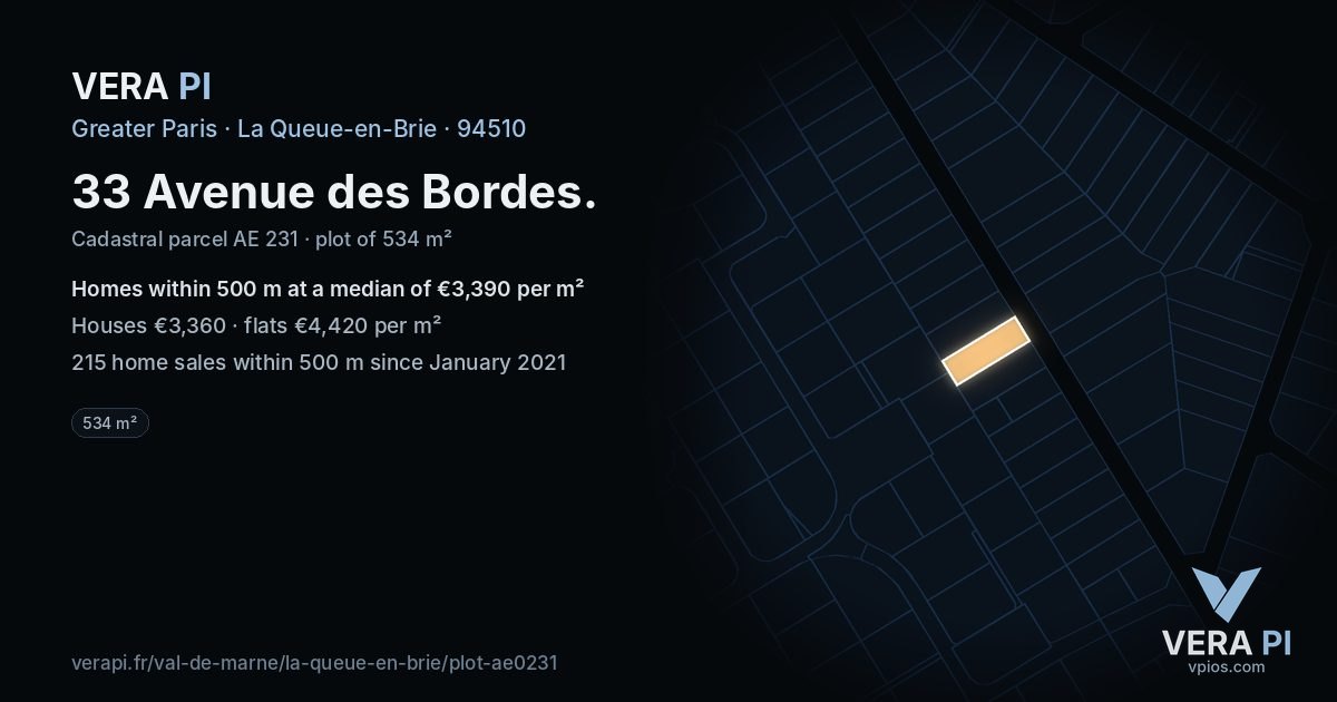 33 Avenue des Bordes, La Queue-en-Brie at night – the plot lit, the parcels around coloured by the prices near them