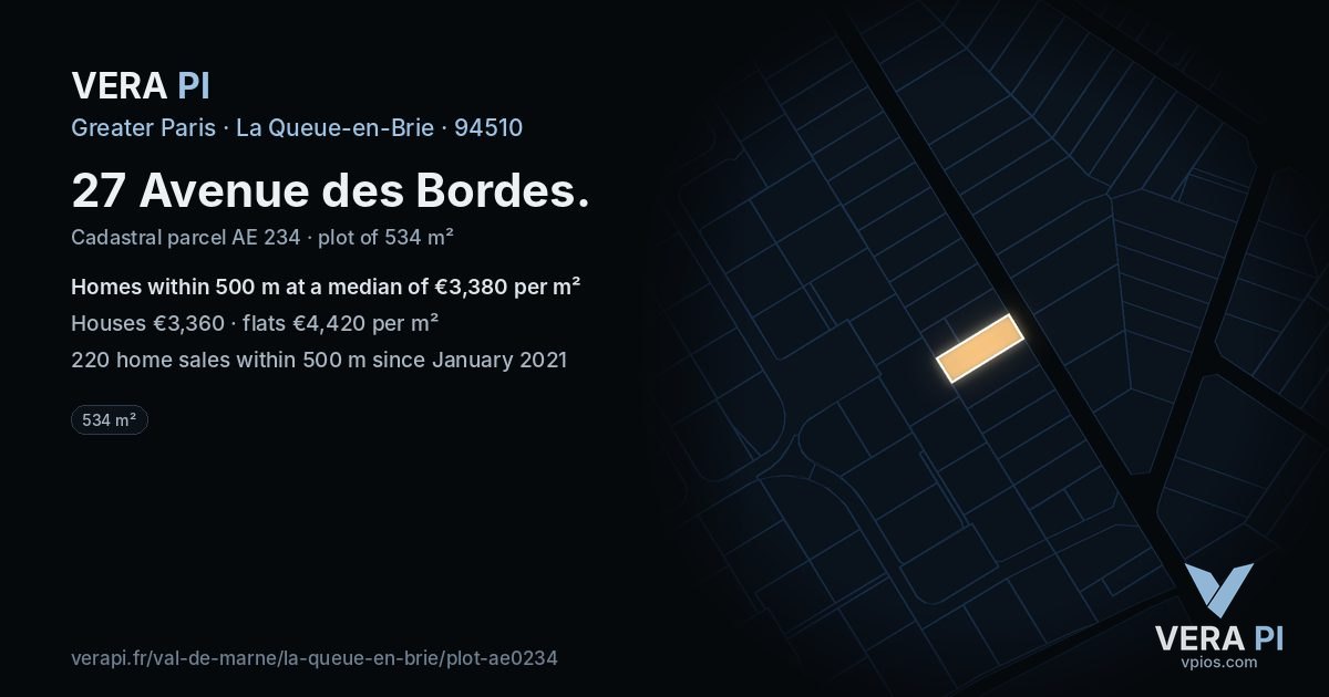 27 Avenue des Bordes, La Queue-en-Brie at night – the plot lit, the parcels around coloured by the prices near them