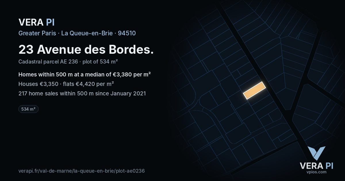 23 Avenue des Bordes, La Queue-en-Brie at night – the plot lit, the parcels around coloured by the prices near them