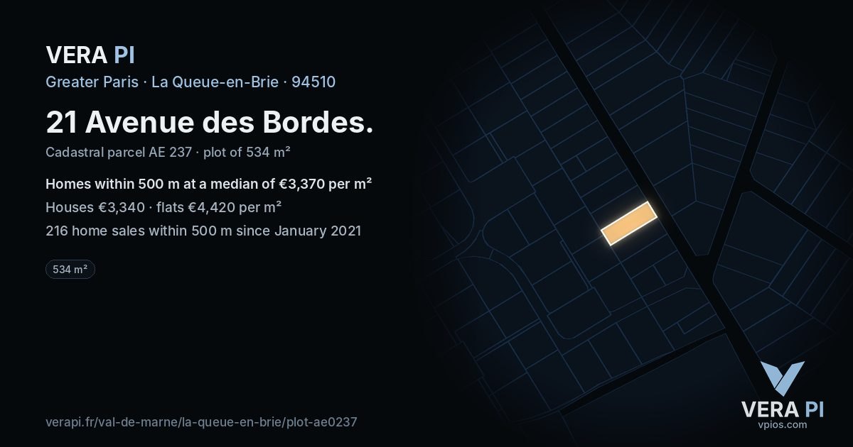 21 Avenue des Bordes, La Queue-en-Brie at night – the plot lit, the parcels around coloured by the prices near them
