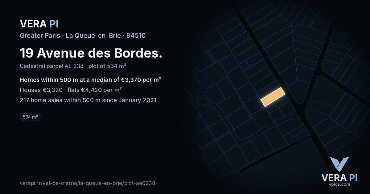 19 Avenue des Bordes, La Queue-en-Brie at night – the plot lit, the parcels around coloured by the prices near them