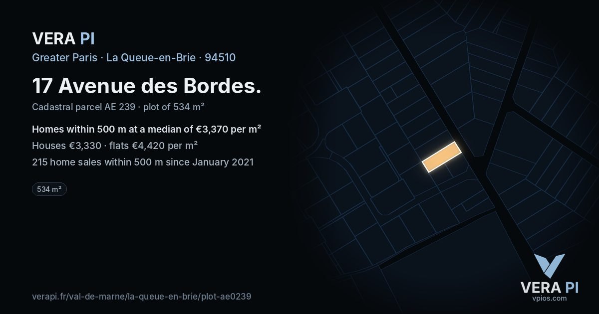 17 Avenue des Bordes, La Queue-en-Brie at night – the plot lit, the parcels around coloured by the prices near them
