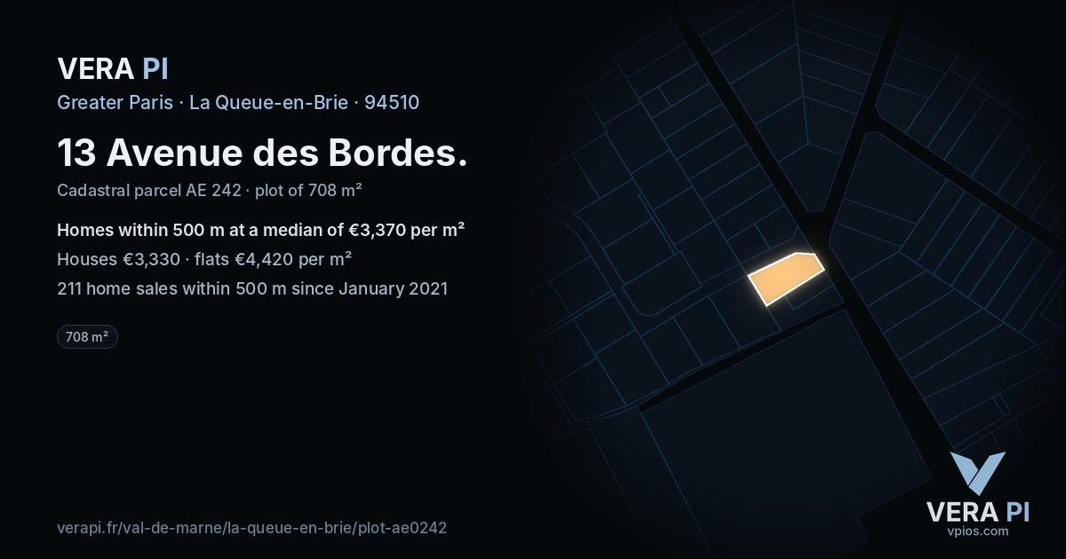 13 Avenue des Bordes, La Queue-en-Brie at night – the plot lit, the parcels around coloured by the prices near them