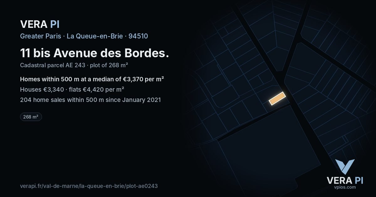 11 bis Avenue des Bordes, La Queue-en-Brie at night – the plot lit, the parcels around coloured by the prices near them