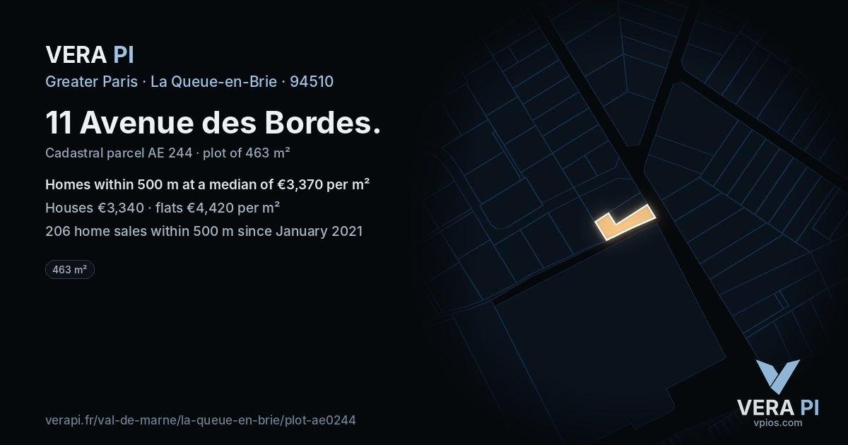 11 Avenue des Bordes, La Queue-en-Brie at night – the plot lit, the parcels around coloured by the prices near them