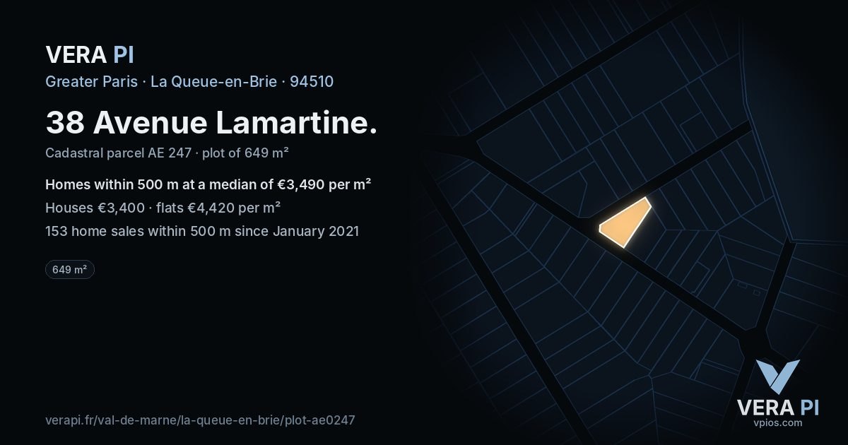 38 Avenue Lamartine, La Queue-en-Brie at night – the plot lit, the parcels around coloured by the prices near them
