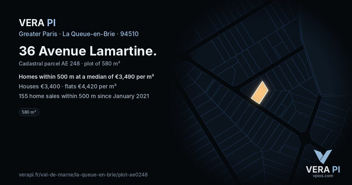 36 Avenue Lamartine, La Queue-en-Brie at night – the plot lit, the parcels around coloured by the prices near them