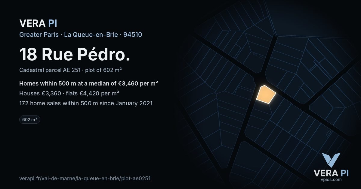 18 Rue Pédro, La Queue-en-Brie at night – the plot lit, the parcels around coloured by the prices near them