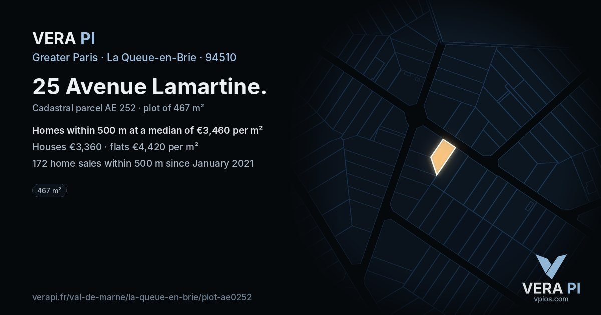 25 Avenue Lamartine, La Queue-en-Brie at night – the plot lit, the parcels around coloured by the prices near them