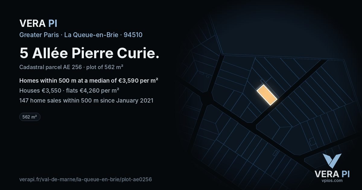 5 Allée Pierre Curie, La Queue-en-Brie at night – the plot lit, the parcels around coloured by the prices near them