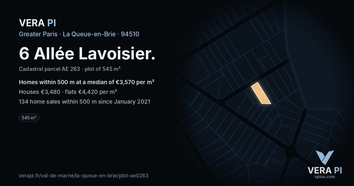 6 Allée Lavoisier, La Queue-en-Brie at night – the plot lit, the parcels around coloured by the prices near them