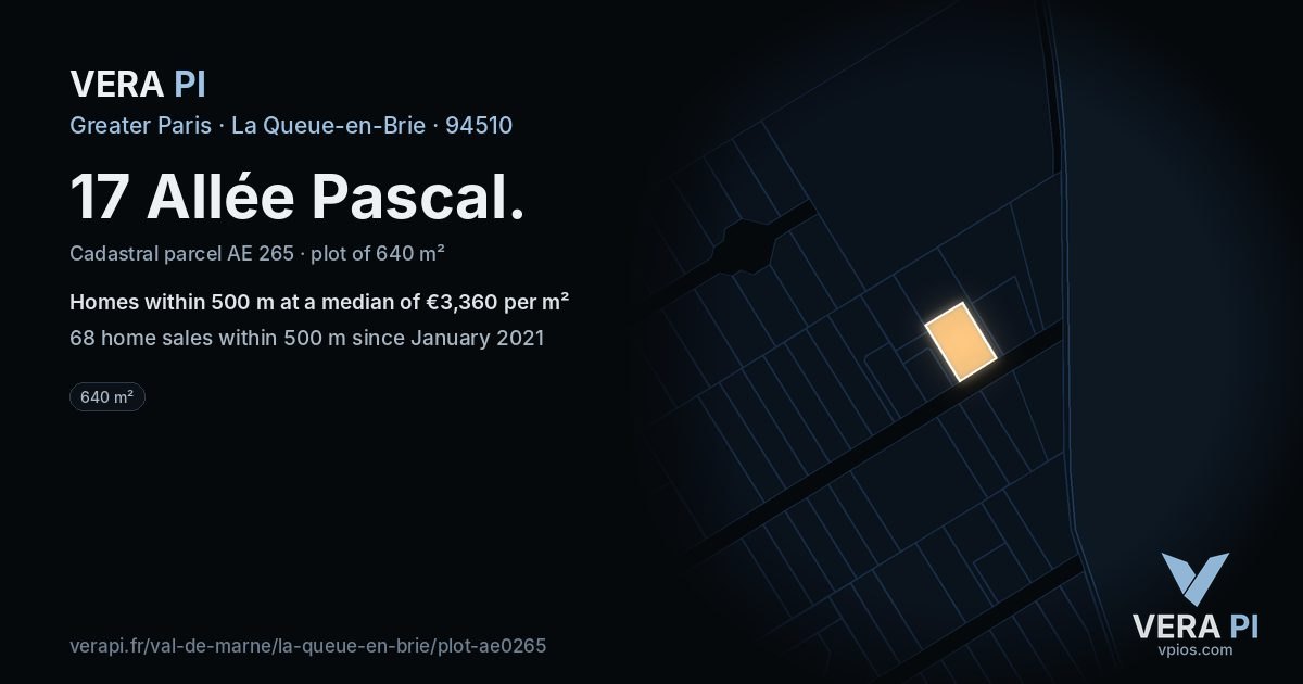 17 Allée Pascal, La Queue-en-Brie at night – the plot lit, the parcels around coloured by the prices near them