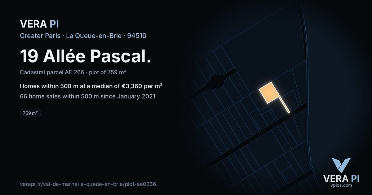 19 Allée Pascal, La Queue-en-Brie at night – the plot lit, the parcels around coloured by the prices near them