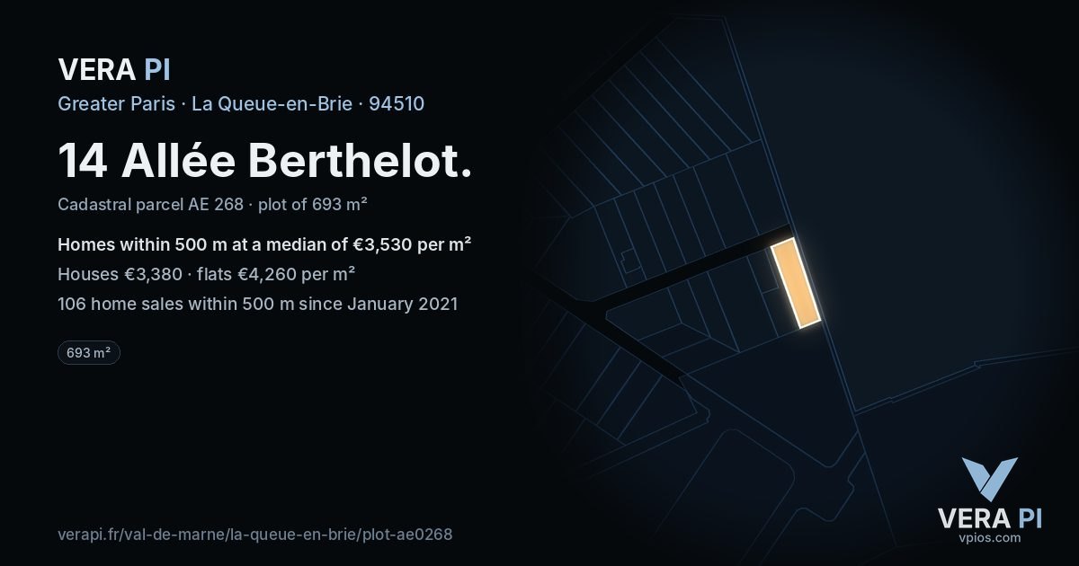 14 Allée Berthelot, La Queue-en-Brie at night – the plot lit, the parcels around coloured by the prices near them