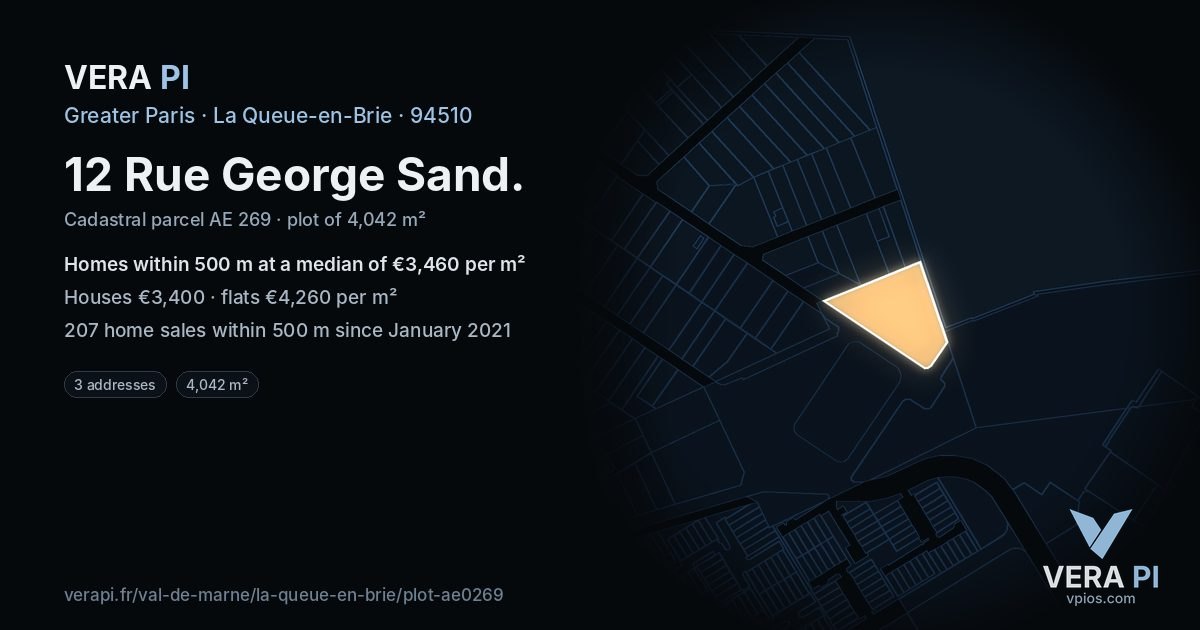 12 Rue George Sand, La Queue-en-Brie at night – the plot lit, the parcels around coloured by the prices near them