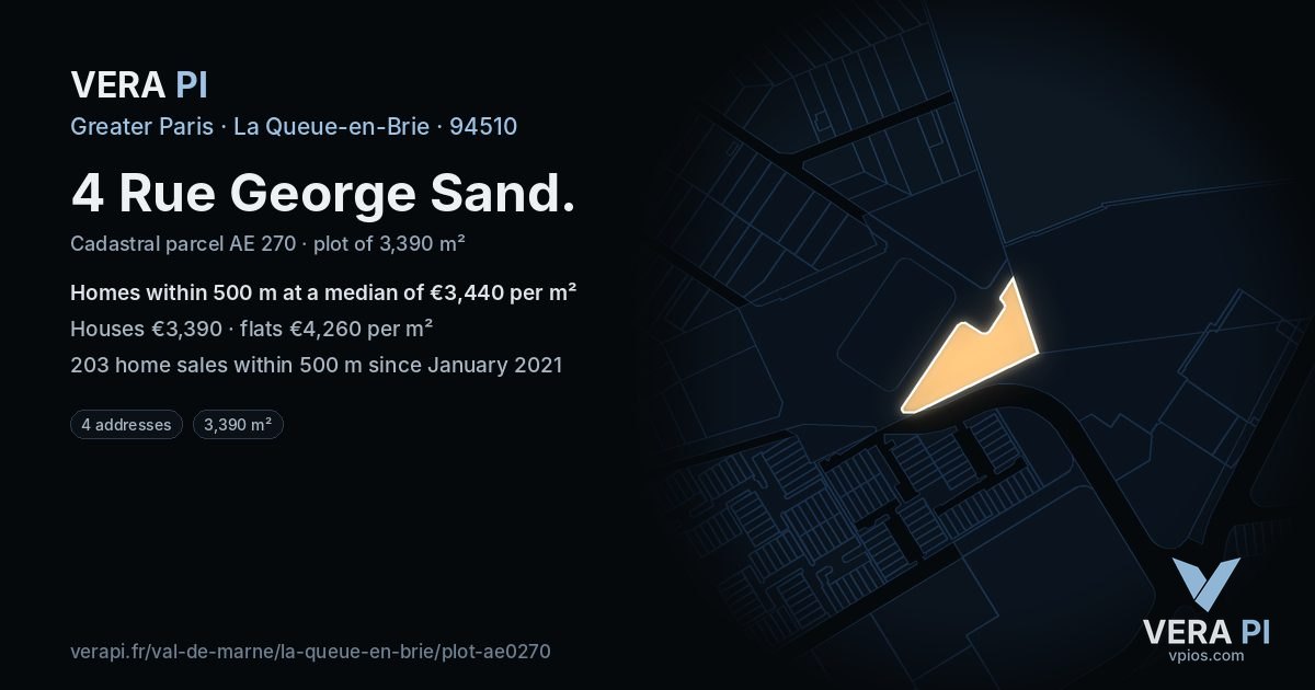 4 Rue George Sand, La Queue-en-Brie at night – the plot lit, the parcels around coloured by the prices near them