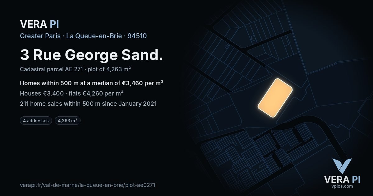 3 Rue George Sand, La Queue-en-Brie at night – the plot lit, the parcels around coloured by the prices near them
