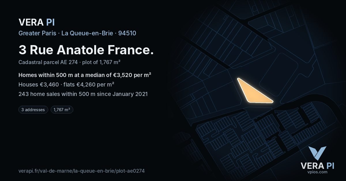 3 Rue Anatole France, La Queue-en-Brie at night – the plot lit, the parcels around coloured by the prices near them