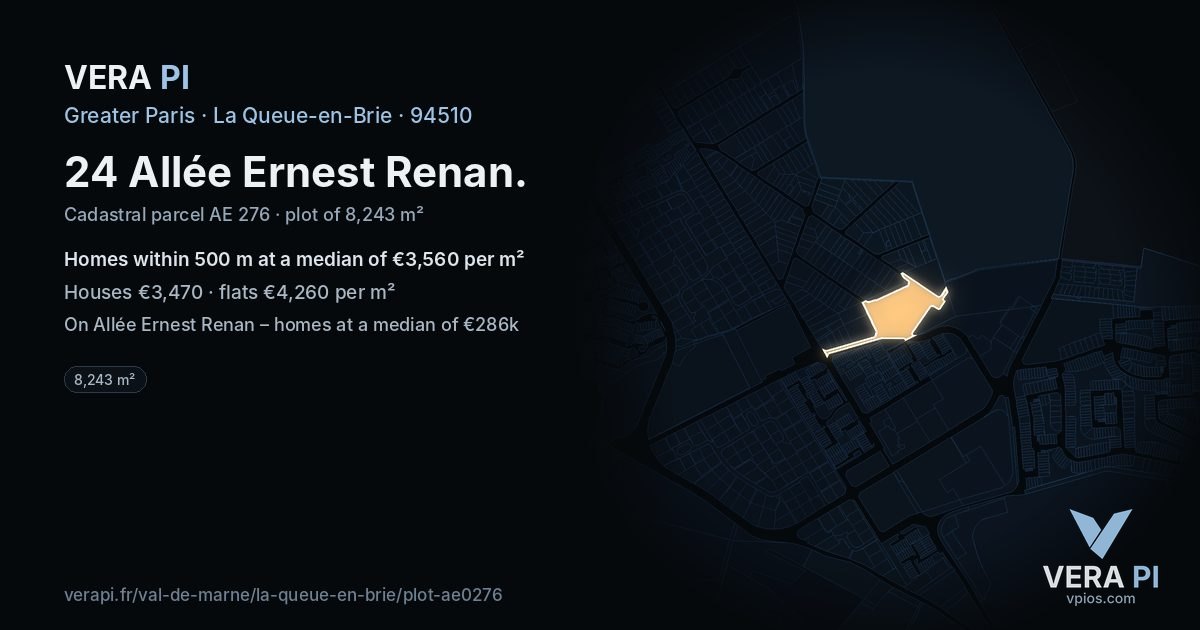24 Allée Ernest Renan, La Queue-en-Brie at night – the plot lit, the parcels around coloured by the prices near them