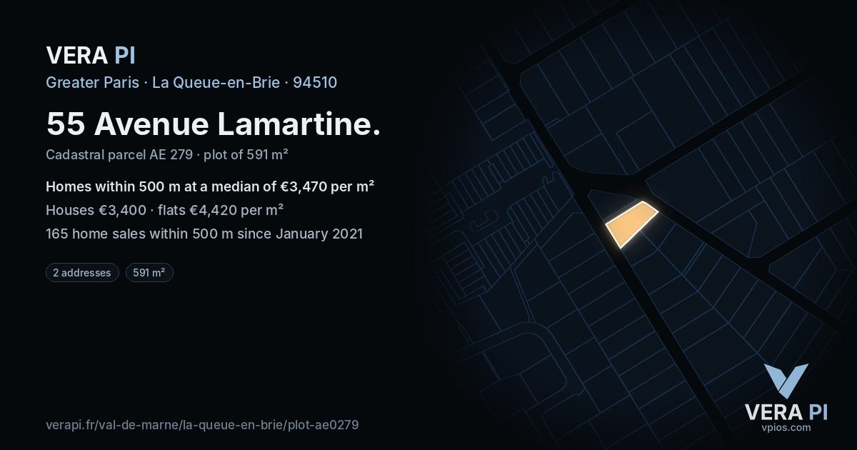 55 Avenue Lamartine, La Queue-en-Brie at night – the plot lit, the parcels around coloured by the prices near them