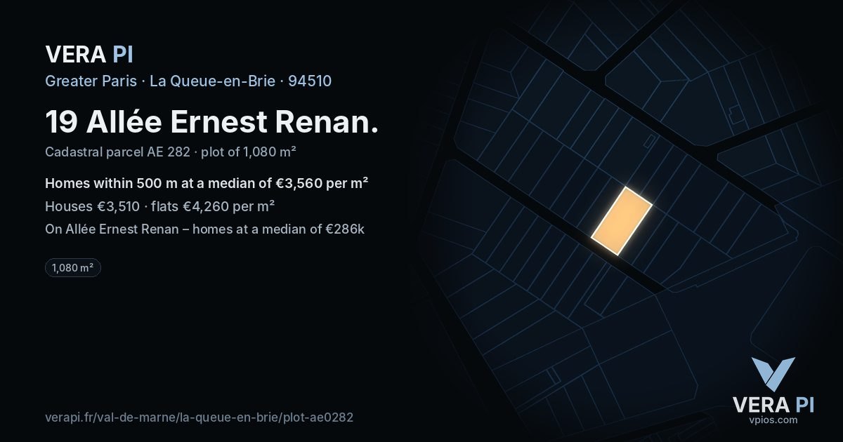 19 Allée Ernest Renan, La Queue-en-Brie at night – the plot lit, the parcels around coloured by the prices near them
