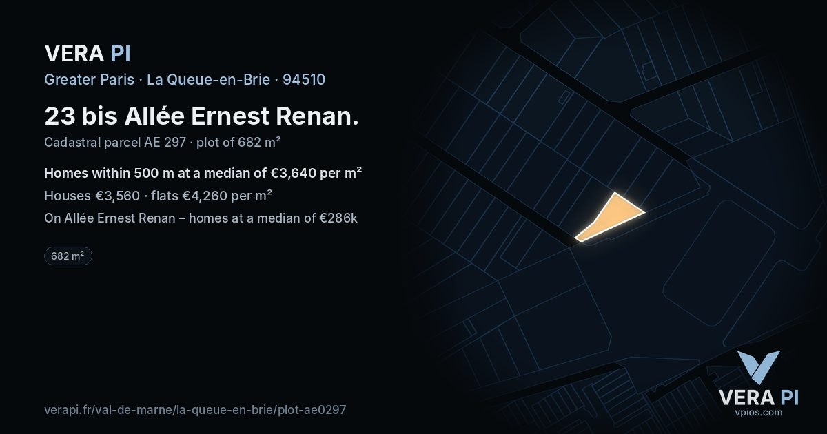 23 bis Allée Ernest Renan, La Queue-en-Brie at night – the plot lit, the parcels around coloured by the prices near them