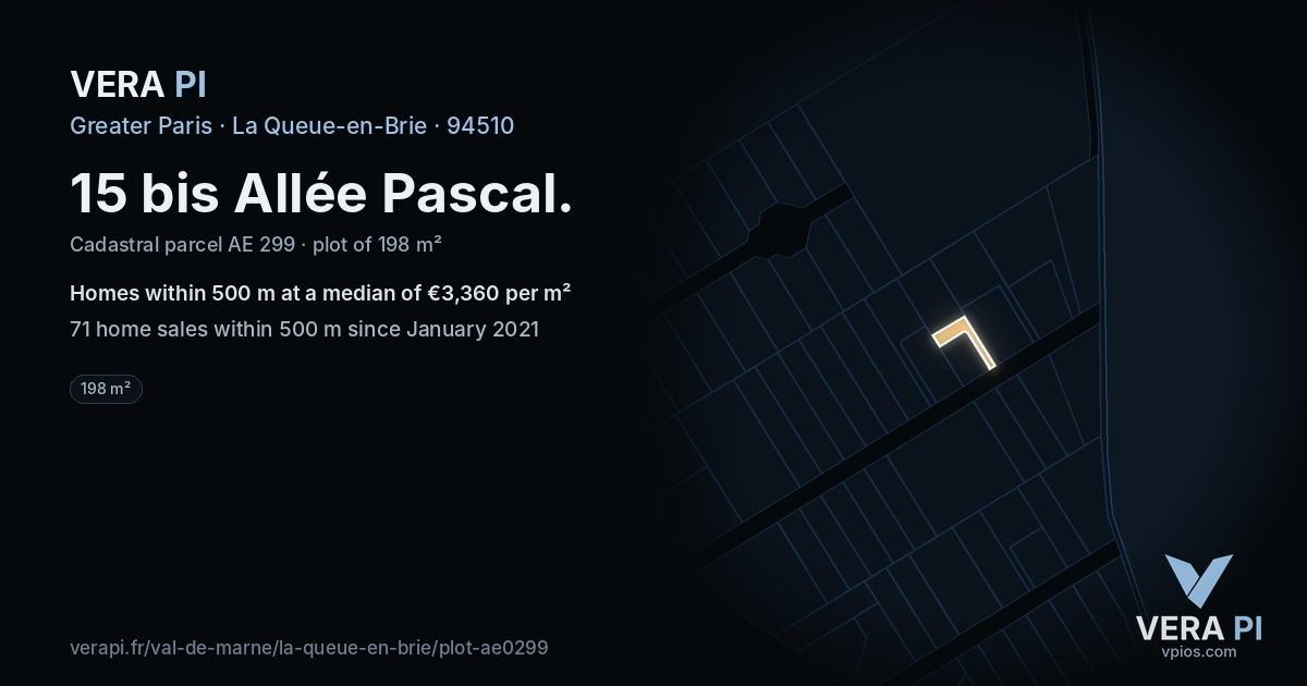 15 bis Allée Pascal, La Queue-en-Brie at night – the plot lit, the parcels around coloured by the prices near them