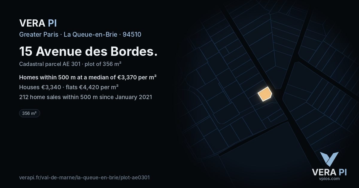 15 Avenue des Bordes, La Queue-en-Brie at night – the plot lit, the parcels around coloured by the prices near them
