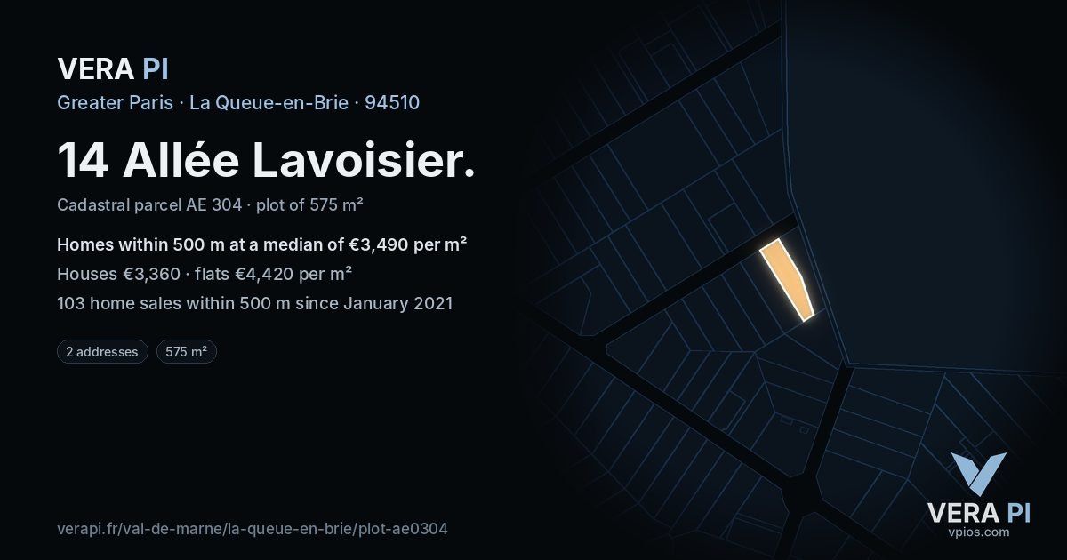 14 Allée Lavoisier, La Queue-en-Brie at night – the plot lit, the parcels around coloured by the prices near them