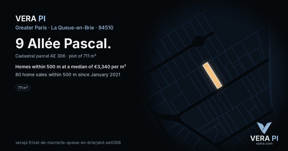 9 Allée Pascal, La Queue-en-Brie at night – the plot lit, the parcels around coloured by the prices near them